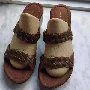 Comforts by Predictions, brown leather braided wedges. Size 9.